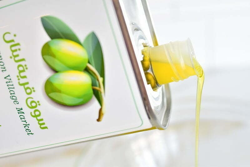 Close-up of Lebanese extra virgin olive oil being poured