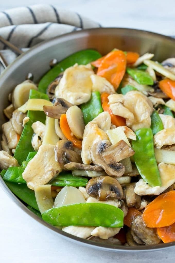 Moo Goo Gai Pan ingredients, including chicken, various mushrooms, and colorful vegetables, showcasing the freshness and variety of the dish.