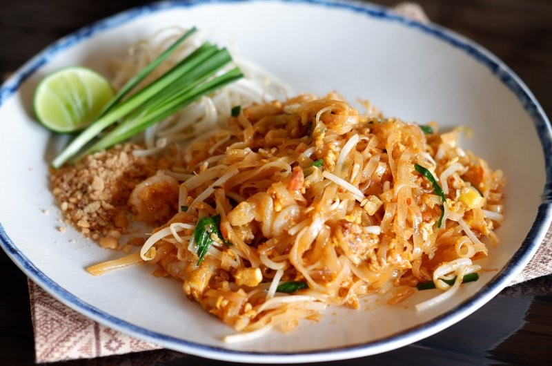 Thai Pad Thai with noodles, vegetables, and shrimp