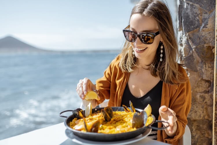 Spanish Paella with seafood, chicken, and vegetables