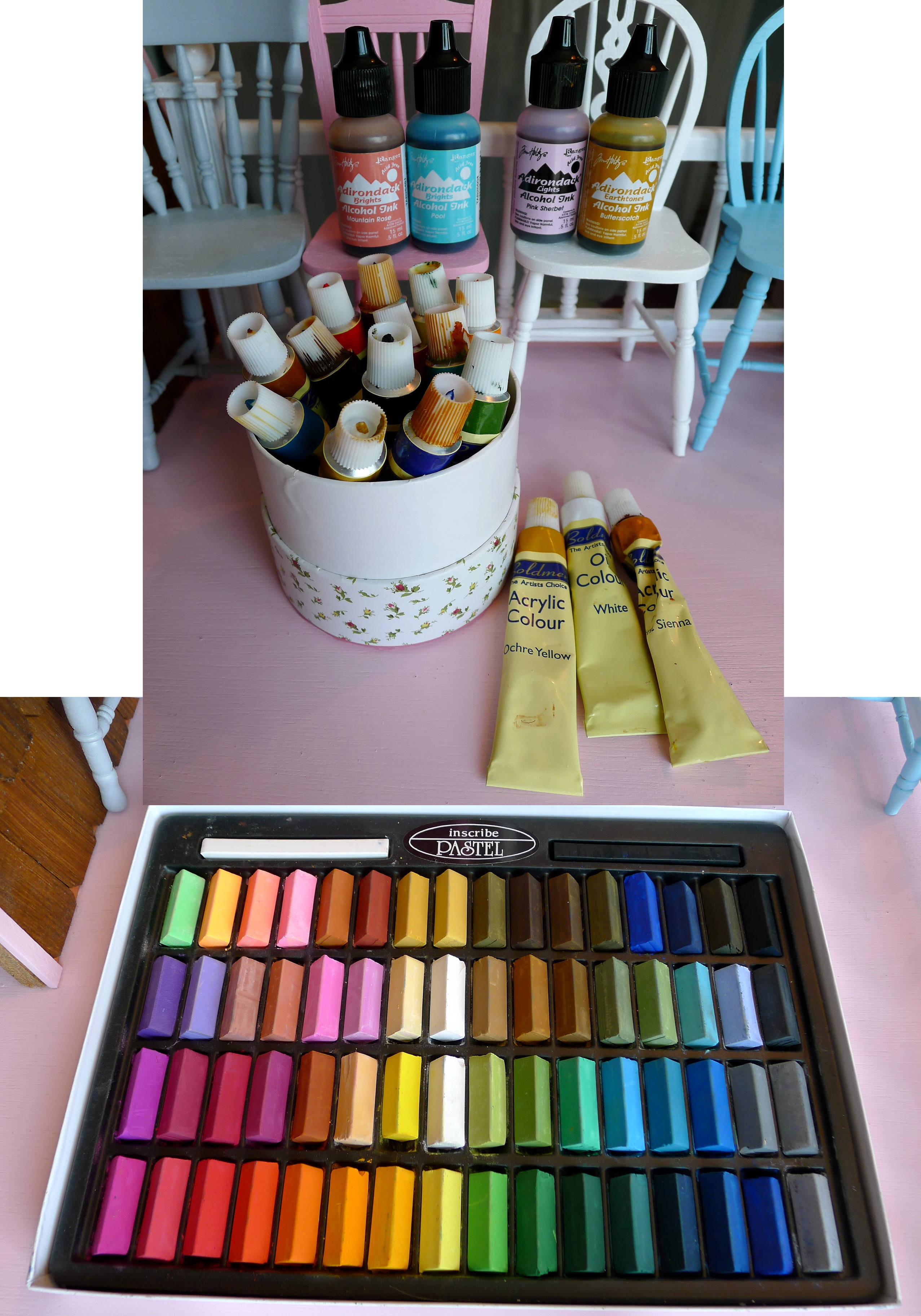 Paints and colors used for adding details to polymer clay miniature food, including alcohol inks and pastels