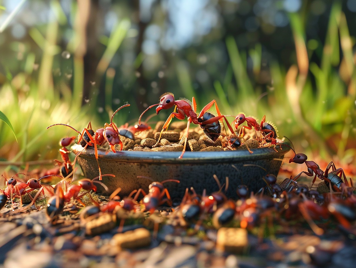 ants eating dog food, highlighting the need for pest control