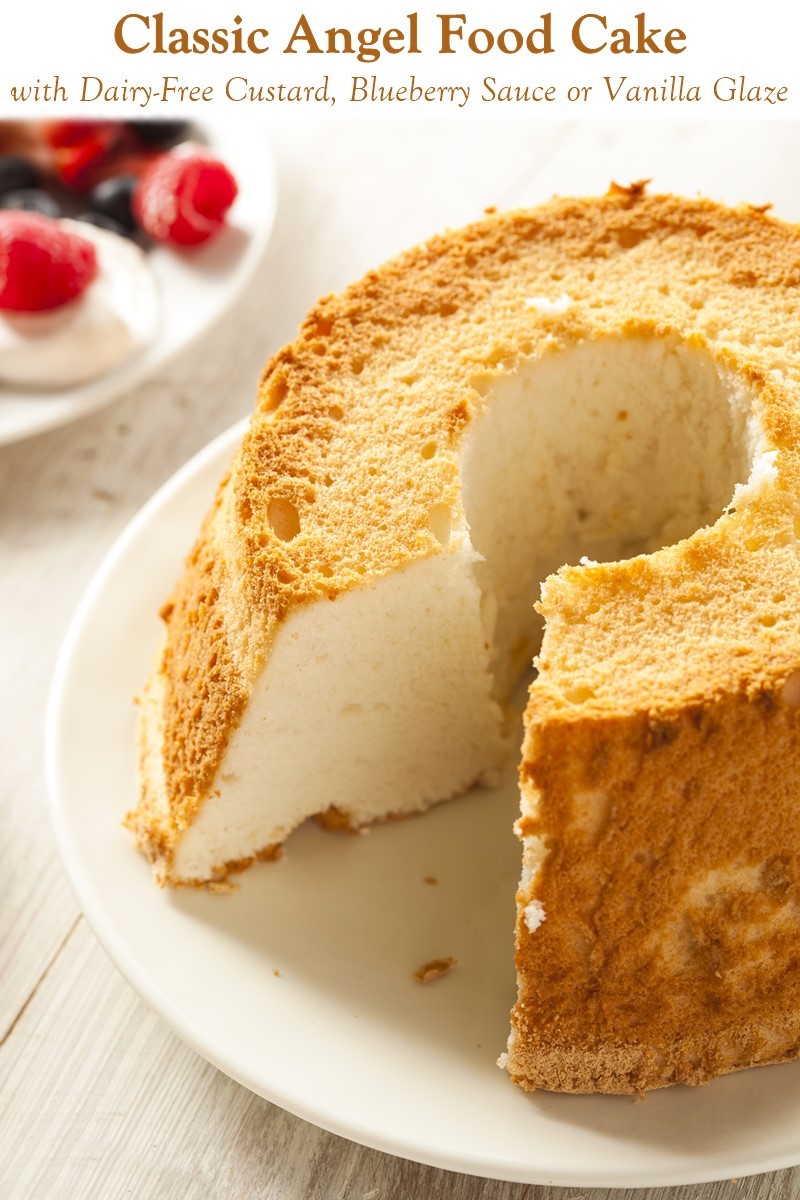 Angel food cake ingredients with focus on eggs, sugar, and flour, highlighting the absence of dairy.