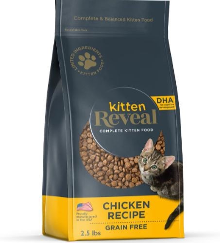 A bag of Reveal Chicken Recipe Grain-Free Dry Kitten Food