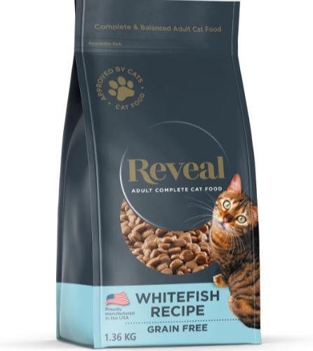 A bag of Reveal Natural Complete & Balanced Grain-Free Whitefish Recipe Dry Cat Food