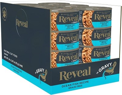 A can of Reveal Ocean Fish Recipe in Gravy Canned Food
