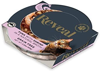 A pot of Reveal Tuna with Shrimp in Broth Wet Cat Food