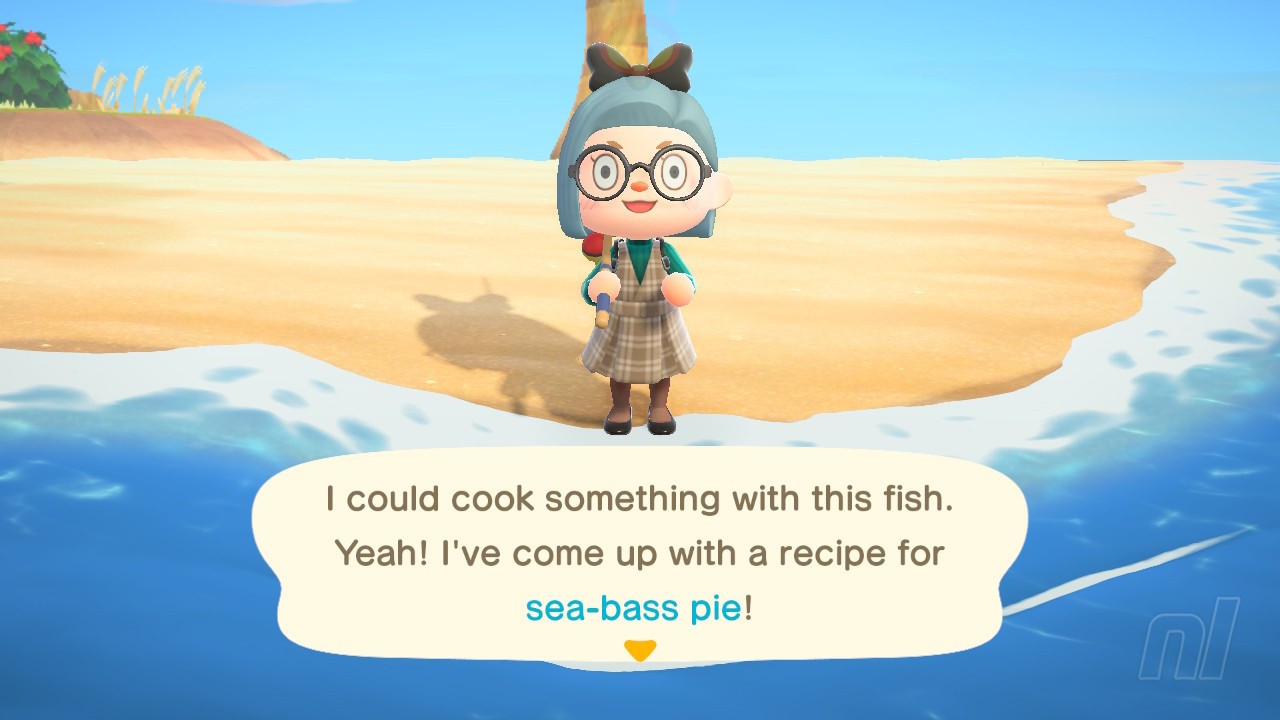 A sea bass pie displayed on a table in Animal Crossing