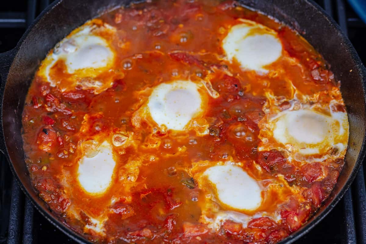 Shakshuka with perfectly cooked eggs in tomato sauce