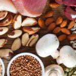 Assortment of foods high in vitamin B5, including mushrooms, nuts, seeds, liver, and poultry, showcased in a vibrant, natural setting