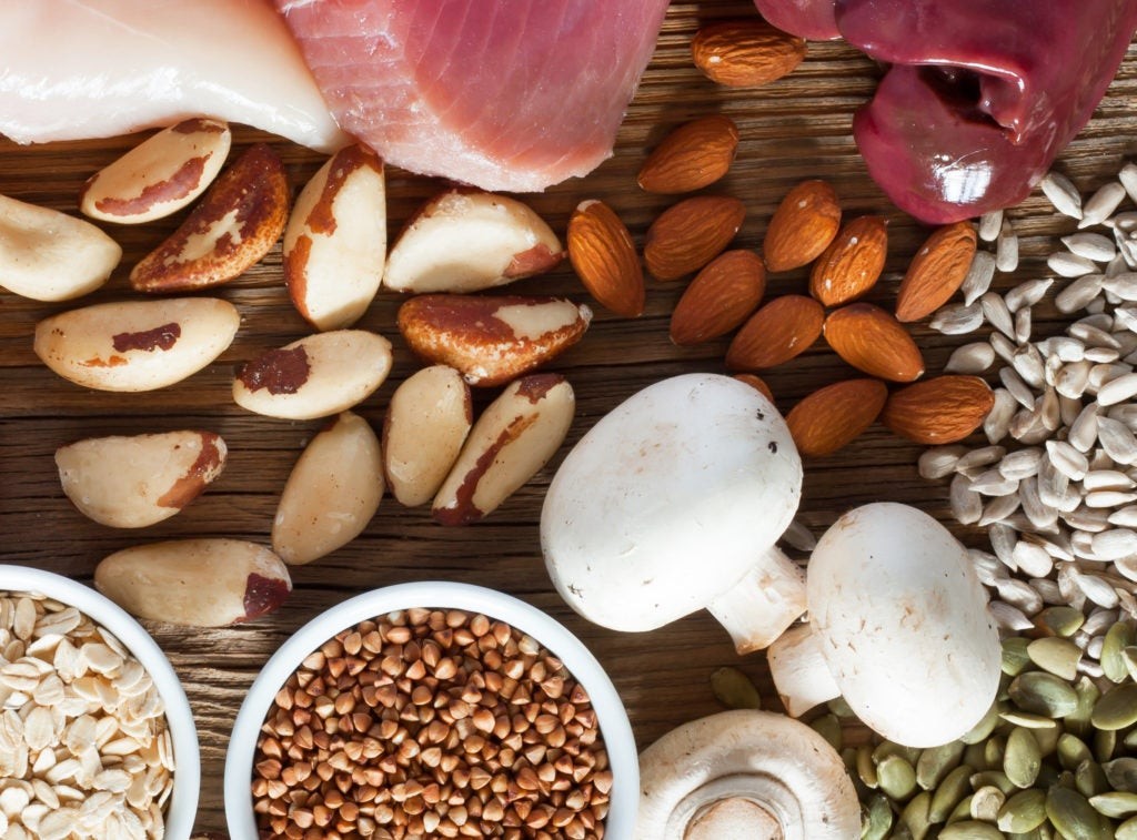 Assortment of foods high in vitamin B5, including mushrooms, nuts, seeds, liver, and poultry, showcased in a vibrant, natural setting