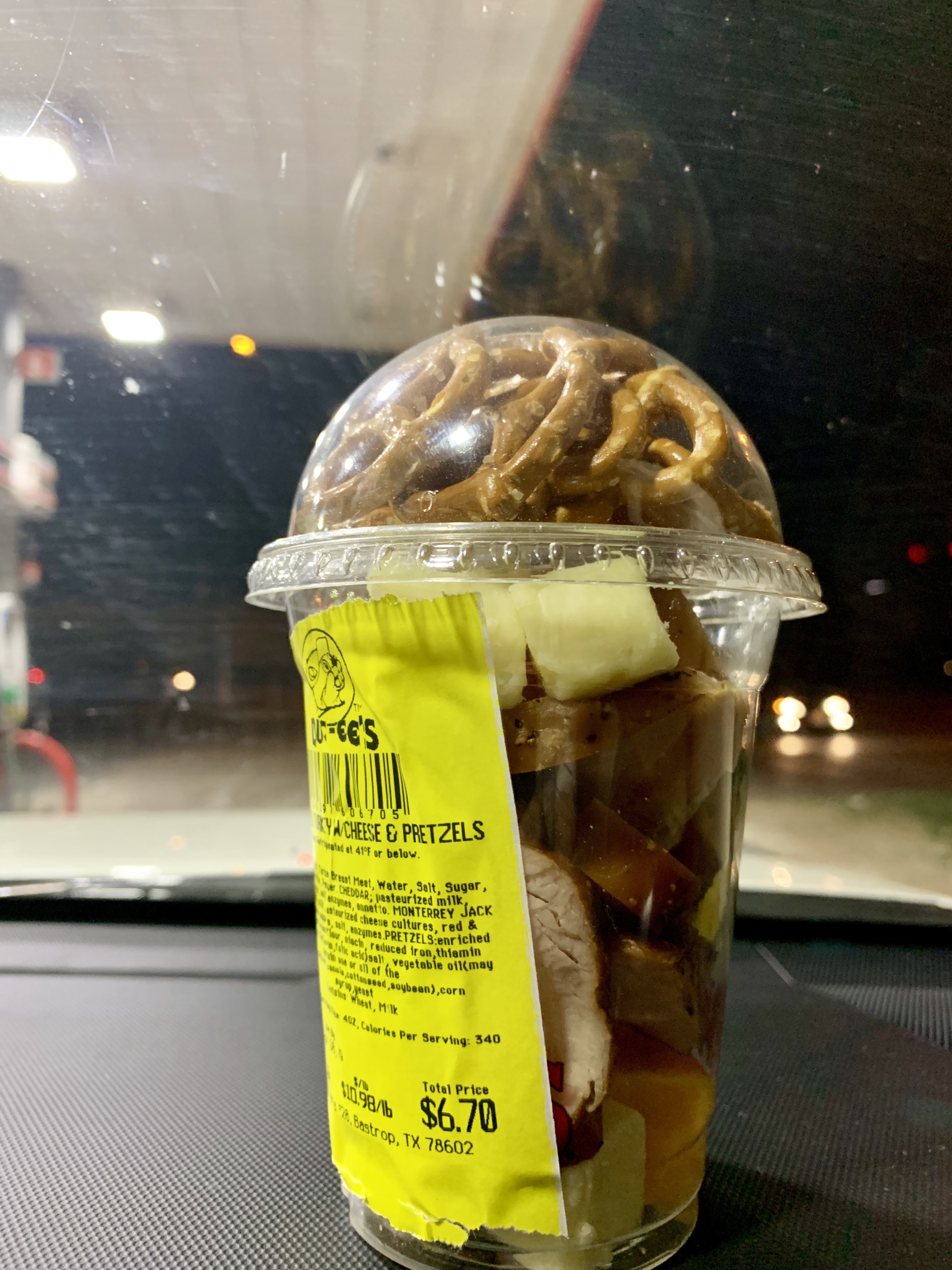 Redneck charcuterie at Buc-ee's, a mix of peppered turkey, cheese, and pretzels