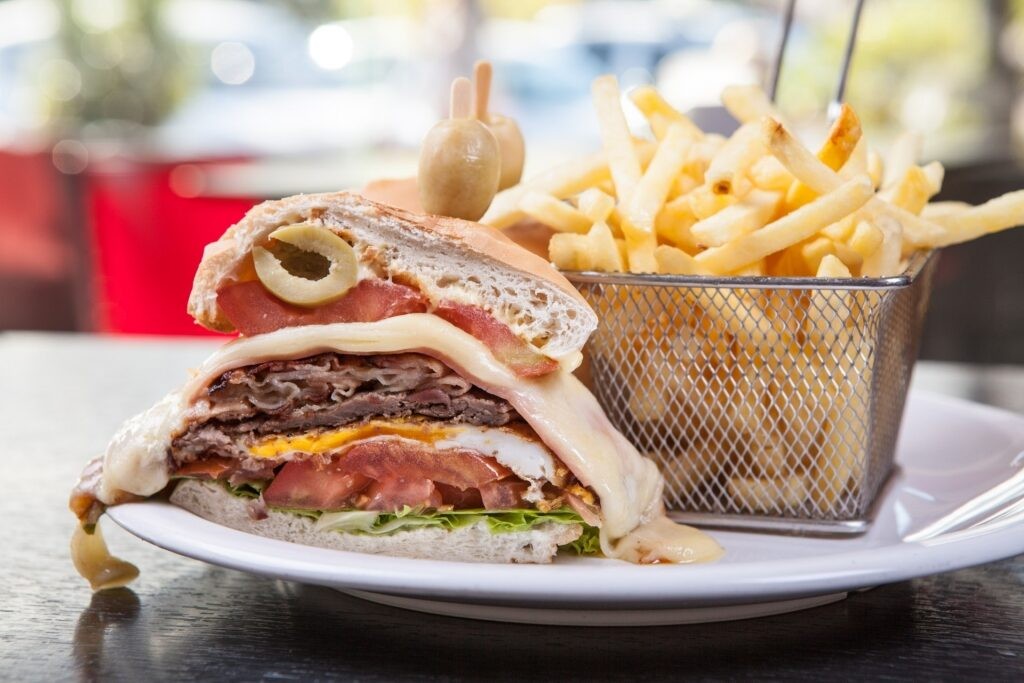 Close up of a Chivito sandwich