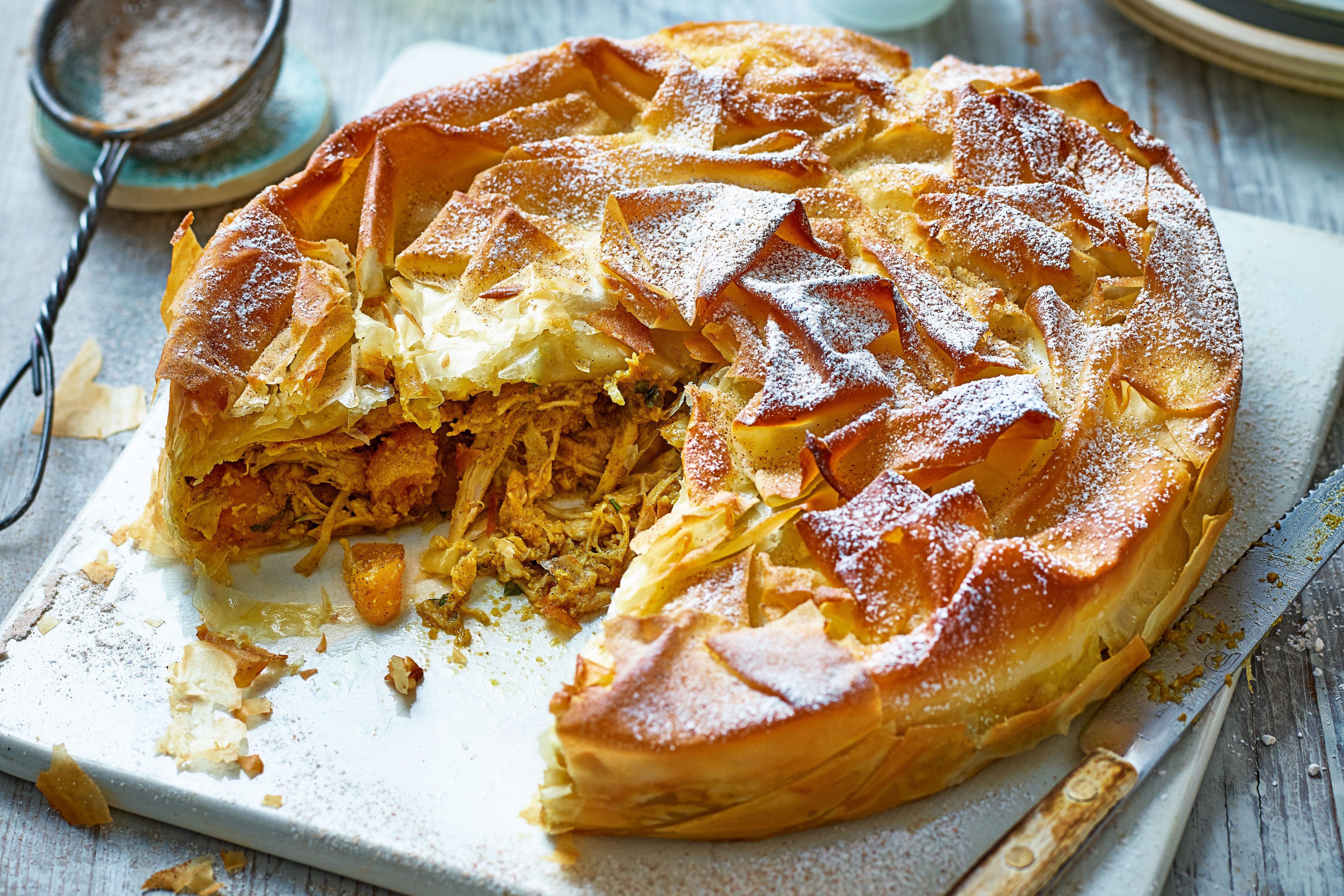 Chicken and apricot pie, a sweet and savory b'stilla variation.