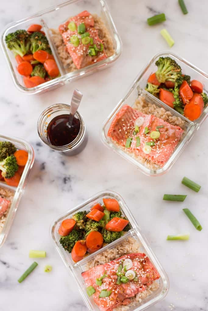 Grilled teriyaki salmon meal prep on table