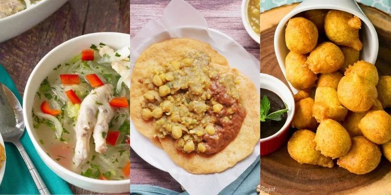 Doubles, a popular Trinidadian street food breakfast, with curried chickpeas between two fried baras