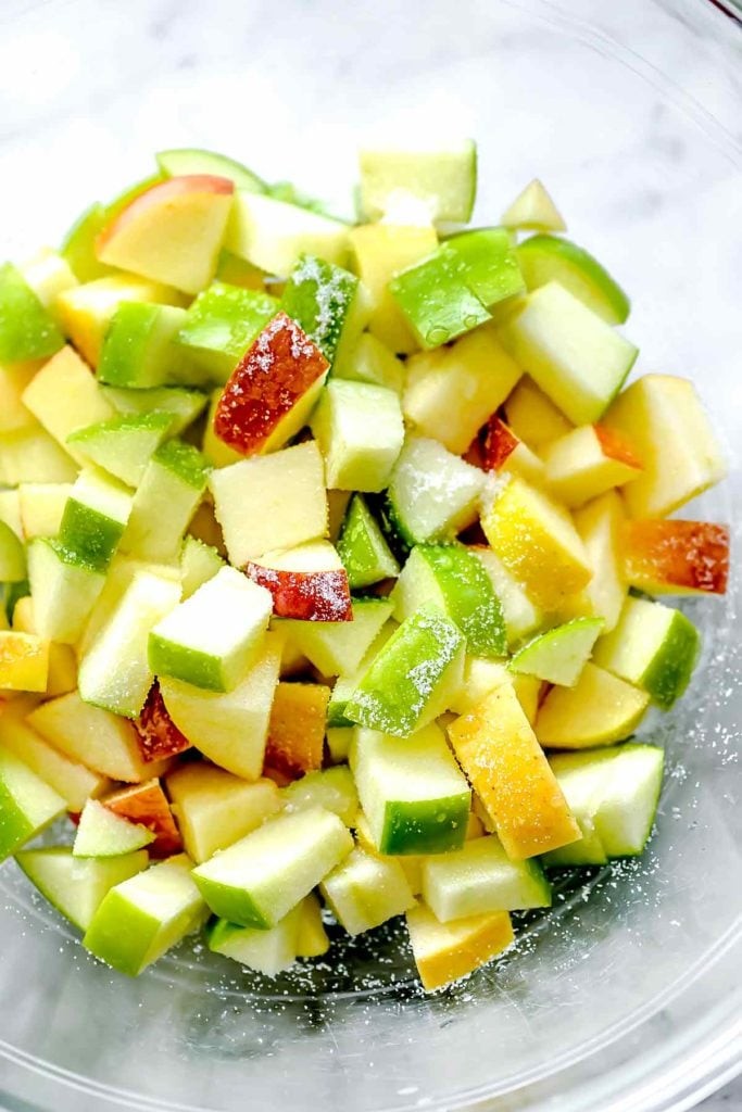 Diced apples for waldorf salad, showcasing the preparation of fresh ingredients