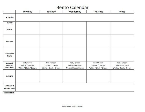A well-organized weekly bento calendar, showing a detailed plan for upcoming meals.