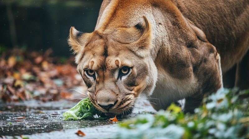 A lioness gracefully eating foliage in the wild